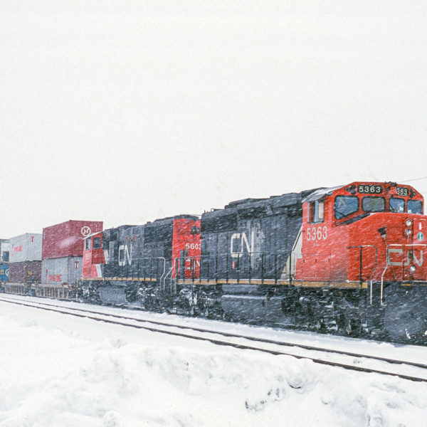 La tempête de neige est à son maximum lorsque le train 202 du Canadien National s'immobilise pour une relève de conducteurs. La tempête de neige est à son maximum lorsque le train 202 du Canadien National s'immobilise pour une relève de conducteurs.