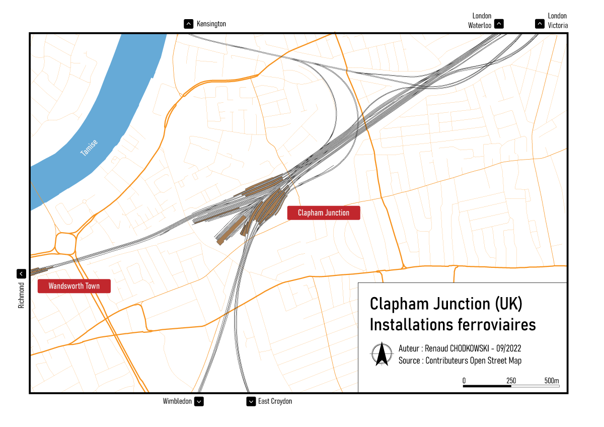 Carte des installations ferroviaires de Clapham Junction.